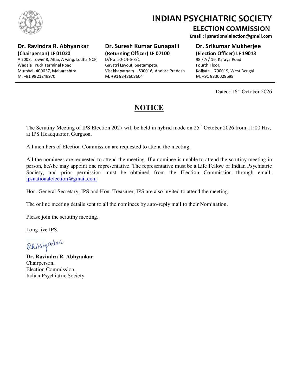 IPS Election 2027 – Notice for Scrutiny Meeting